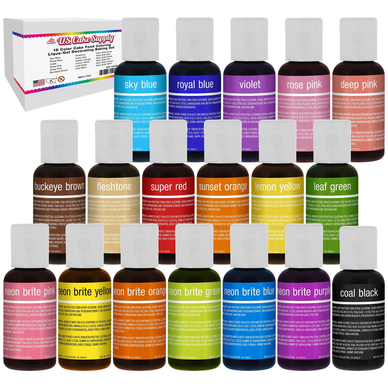 18 Color Cake Food Coloring Liqua-Gel Decorating Baking Set - 12-Primary & 6-Neon Colors U.S. Cake Supply 0.75 fl. oz. (20ml) Bottles - Made in U.S.A.